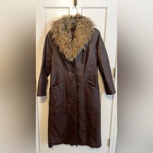 Terry Lewis 100% Leather Long Coat w/ Faux Fur Collar